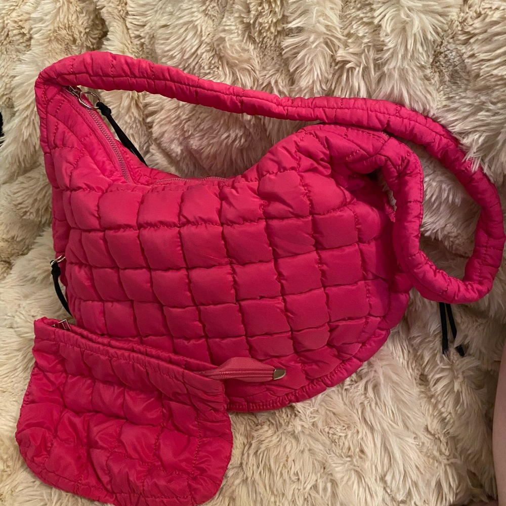 Pink Quilted Hobo Bag with Matching Pouch